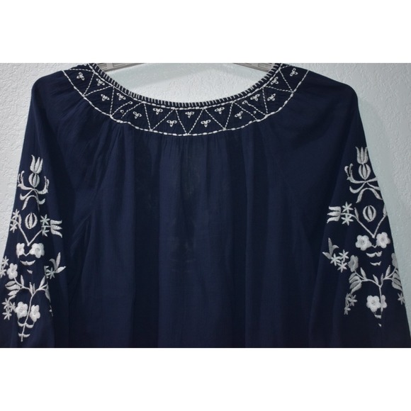 TALBOTS 1X Cotton Navy Blue White Embroidery 3/4 Sleeves Gauze Peasant Boho Top - Picture 6 of 16